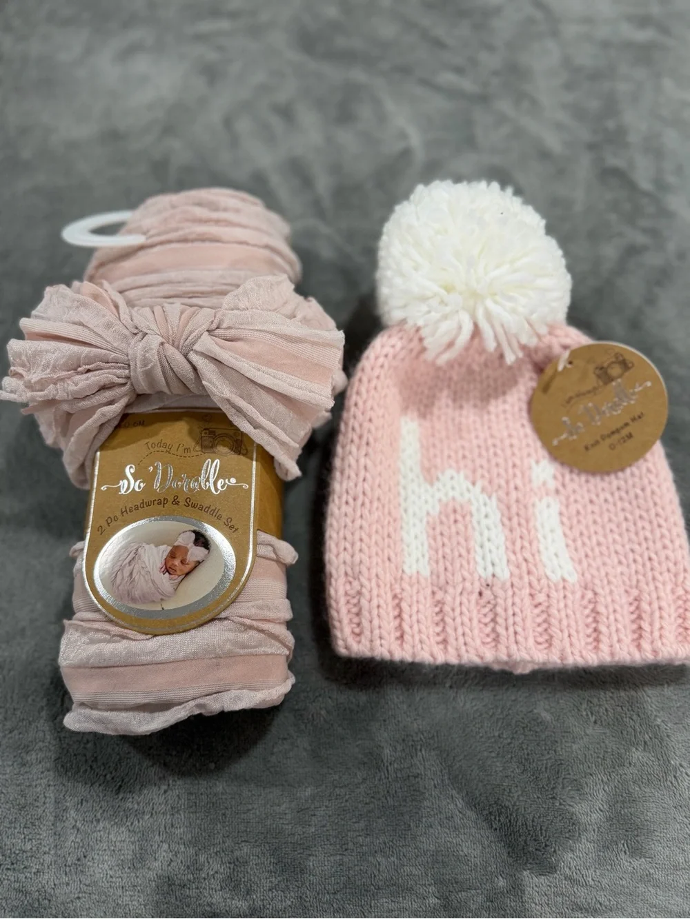 Pink Knit Baby Pom Hat & Matching Headwrap Set
